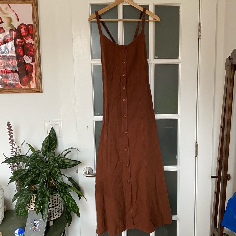 Brown Cotton Linen Blend Maxi Dress